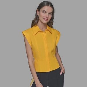 Karl Lagerfeld Paris Yellow Sleeveless Button Down Blouse Poplin XL